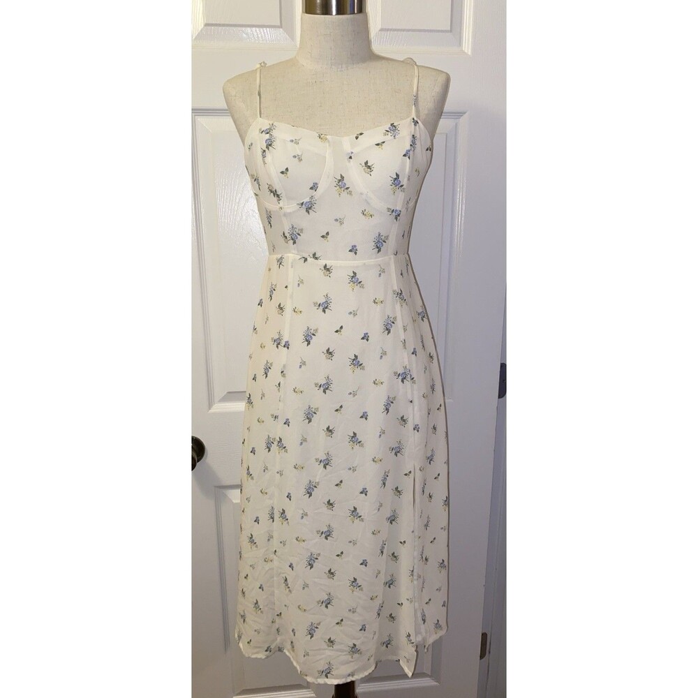 FOREVER 21 Ivory Floral Chiffon Tie Strap Smocked Back Sweetheart Midi S